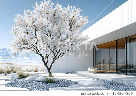 Modern Minimalist Architecture with Blooming Tree in Winter Landscape Design Generative AI 124804599