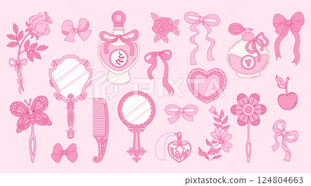 Vintage Pink Coquette Beauty Accessories set. Bottle Perfume, Ribbon Bow, Mirror, Comb, Flower, Pendant Heart and Hair Clip. Romantic Girly Vibe. Vector illustration. Isolated Trendy Aesthetic Element Vintage Pink Coquette Beauty Accessories set. Bottle Perfume, Ribbon Bow, Mirror, Comb, Flower, Pendant Heart and Hair Clip. Romantic Girly Vibe. Vector illustration. Isolated Trendy Aesthetic Element 124804663
