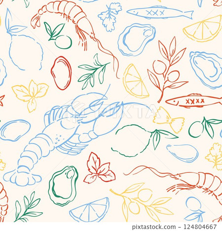 Vector pattern of seafood shrimps, oysters, lobster, lemons, and olives. Mediterranean Dolce Vita style vintage illustrations for food, suitable for restaurant and marine cafe menus. Doodles print Vector pattern of seafood shrimps, oysters, lobster, lemons, and olives. Mediterranean Dolce Vita style vintage illustrations for food, suitable for restaurant and marine cafe menus. Doodles print 124804667
