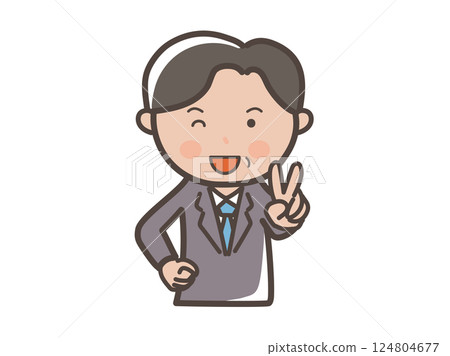 一位中年男性商人的上半身做出和平手勢並眨眼的插圖 124804677
