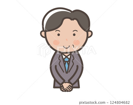 Upper body illustration of a middle-aged male businessman greeting in a customer service pose Upper body illustration of a middle-aged male businessman greeting in a customer service pose 124804682