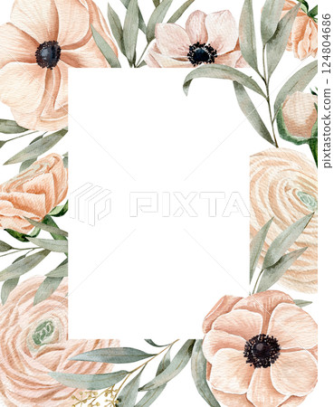 Watercolor card template with anemones, ranunculus on a pink peach color, different branches on a savage color 124804686