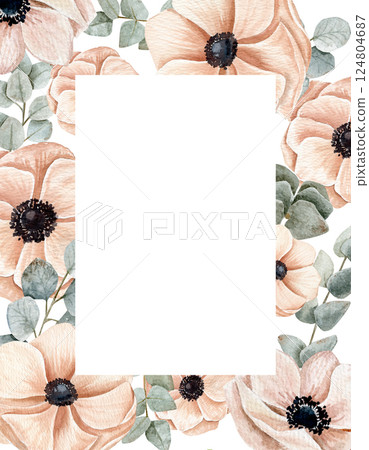 Watercolor card template with ranunculus on a pink peach color, different branches on a savage color 124804687