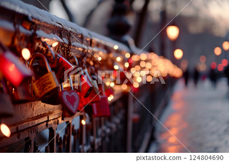 Padlock in shape of a heart on a fence among many other padlocks. Valentines Day, love and relationship concept. Generative Ai 124804690