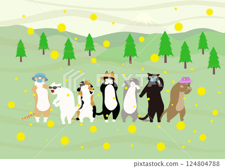 Scenery of a cat sneezing in the grassland and cedar pollen 124804788