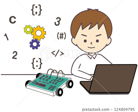 A boy programs a robot car 124804795