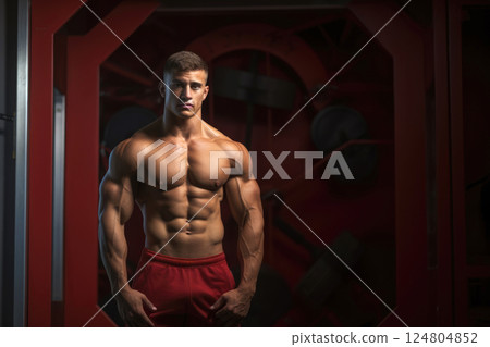 A muscular gym man posing in fitness room backgroud.AI generative 124804852