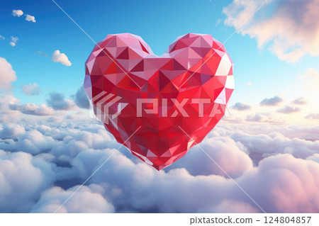 A red heart balloon floats in the blue sky in clouds. .Generative Ai 124804857
