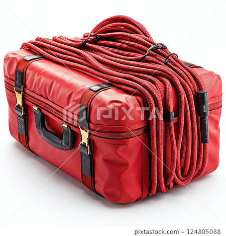 Emergency preparedness red rescue kit with rope and flashlight for safety and adventure Emergency preparedness red rescue kit with rope and flashlight for safety and adventure 124805088