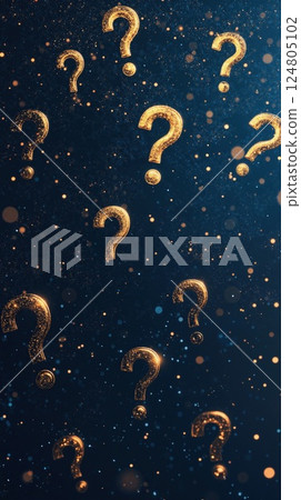 Enigmatic golden question marks amidst starry azure night conceptual background for innovation and inquiry 124805102