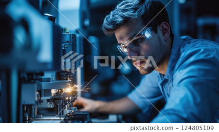 Focused engineer in precision metalworking with advanced machinery and sparks in modern industrial workshop Focused engineer in precision metalworking with advanced machinery and sparks in modern industrial workshop 124805109