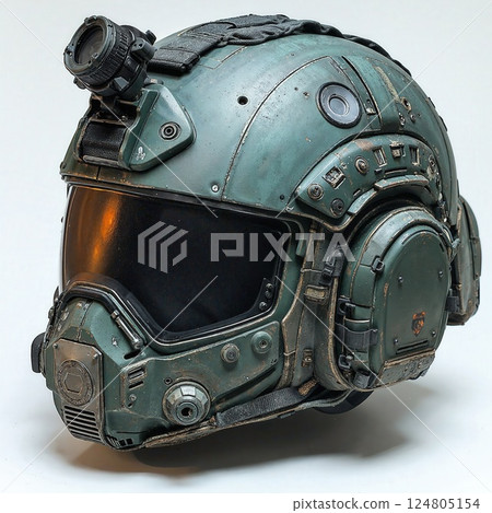 Futuristic military helmet design with advanced tactical features and gadgets for modern warfare applications 124805154