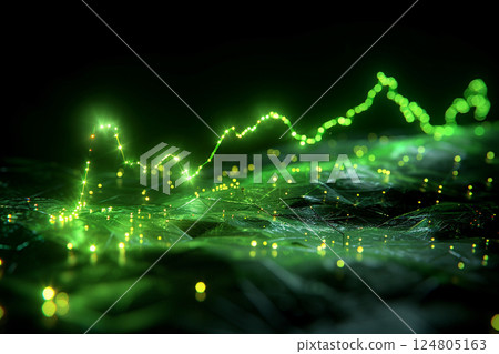 A dynamic representation of data trends displays sharp peaks and valleys in vivid green tones. The design showcases intricate details and glowing dots that emphasize movement and complexity. A dynamic representation of data trends displays sharp peaks and valleys in vivid green tones. The design showcases intricate details and glowing dots that emphasize movement and complexity. 124805163