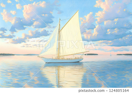 A painting depicting a sailing yacht gliding across the calm ocean with a bright blue sky in the background, evoking a sense of freedom and tranquility in the maritime landscape A painting depicting a sailing yacht gliding across the calm ocean with a bright blue sky in the background, evoking a sense of freedom and tranquility in the maritime landscape 124805164