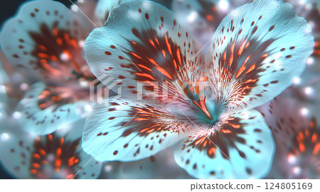 A captivating digital artwork featuring flowers designed in a ray scan style, flowing seamlessly with intricate details, creating a unique and futuristic floral design 124805169