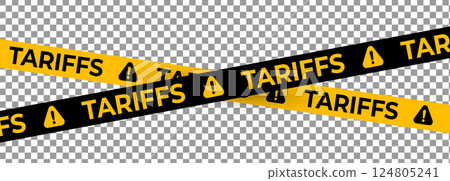 Tariff Warning Tape Set in Yellow and Black with Exclamation Icons. Transparent Background for Economic Crisis, Import Tax, and Trade Restriction Themes. Vector Illustration 124805241