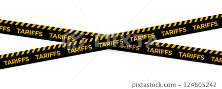 Black Tariff Warning Tape with Yellow Diagonal Stripes on White Background. Trade Restriction Concept for Economic Conflict and Business Regulation Scenes. Vector Illustration Black Tariff Warning Tape with Yellow Diagonal Stripes on White Background. Trade Restriction Concept for Economic Conflict and Business Regulation Scenes. Vector Illustration 124805242