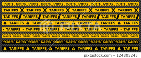 Tariff Warning Tape Set in Yellow and Black with Various Styles on Transparent Background. Perfect for Trade and Border Conflict Concepts. Vector Illustration Tariff Warning Tape Set in Yellow and Black with Various Styles on Transparent Background. Perfect for Trade and Border Conflict Concepts. Vector Illustration 124805243