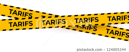 Yellow Tariff Caution Tape with Black Stripes on White Background. Economic Trade Warning Barrier for Tax or Border Conflict Concepts. Vector Illustration 124805244