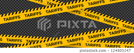 Tariff Warning Tape with Diagonal Yellow Stripes on Transparent Background. Economic Trade Restriction Concept for Crisis or Regulation Scenes. Vector Illustration 124805247