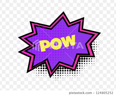Pow Comic Sound Effect In Bright Purple Burst With Yellow Bold Text And Halftone Style. Fun Pop Art Expression For Comic Design And Loud Action Scenes. Vector Illustration 124805252