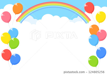 簡單的藍天、雲、彩虹、氣球背景圖 124805256