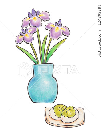 Colored pencil illustration of iris flowers and kashiwamochi 124805299