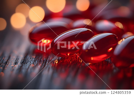 Red Gel Capsules on Reflective Surface - Medical and Wellness Concept Generative AI 124805359