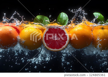 Fresh Citrus Splash with Oranges and Grapefruit in Water - Stock Photography for Refreshing Beverage Design Generative AI Fresh Citrus Splash with Oranges and Grapefruit in Water - Stock Photography for Refreshing Beverage Design Generative AI 124805361