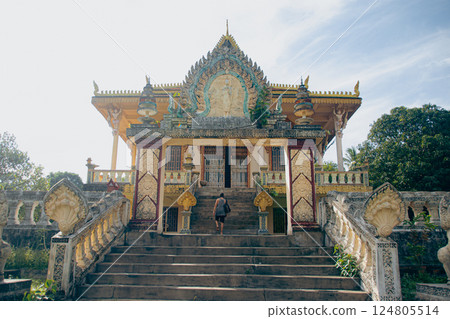 Koh Keo Morokot Pagoda grand stairs set against a clear sky in Koh Sdach Island in Cambodia which is an off-the-beaten-path tourist destination 124805514