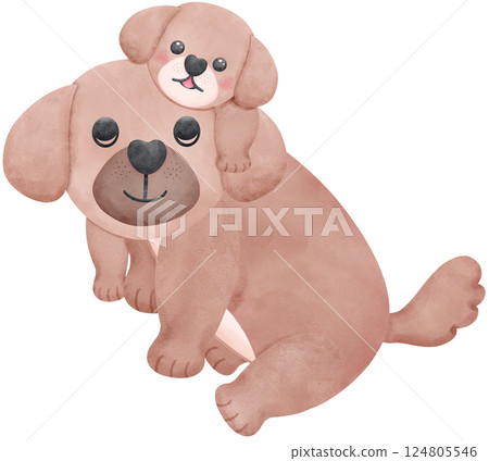 Father's Day Dog Dad and Baby A puppy rides on its father's back in watercolor style illustration 124805546