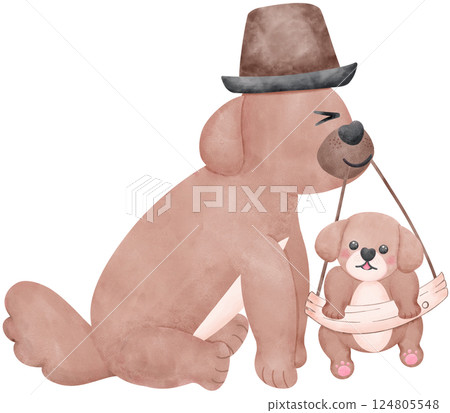 Father's Day Dog Dad Put on a hat and Baby in watercolor style illustration Father's Day Dog Dad Put on a hat and Baby in watercolor style illustration 124805548