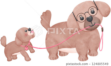 Father's Day Dog Dad and Baby Father leads puppy in watercolor style illustration 124805549