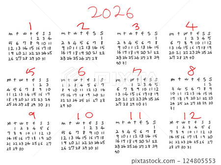 2026 年簡易日曆週一開始 2026 年簡易日曆週一開始 124805553
