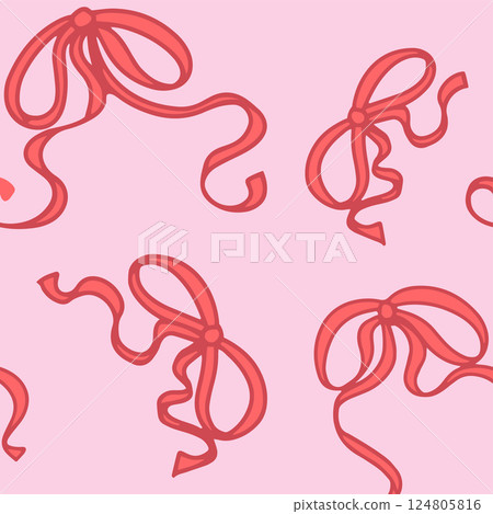 Coquette seamless pattern Red Ribbon Bow. Pretty Girly bows on Pink background. Trendy feminine romantic art for greeting cards, textile, fabric, wallpaper, wrapping. Vector Illustration. 124805816