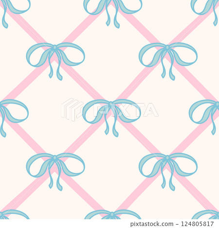 Cute Coquette seamless pattern Blue Ribbon Bow. Pretty Girly bows on white background with Pink ribbons. Trendy feminine romantic template for greeting cards, textile, fabric, wallpaper, wrapping 124805817