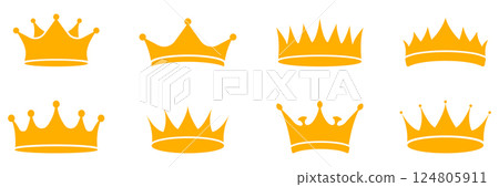 Golden Crown Solid Icon Set. Luxurious Royal Crowns Representing Monarchy, Wealth, and Power. King and Queen Headpiece Silhouette Symbol Collection. Isolated Vector Illustration 124805911
