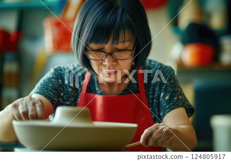 woman make ceramics by hand in a studio. woman make ceramics by hand in a studio. 124805917