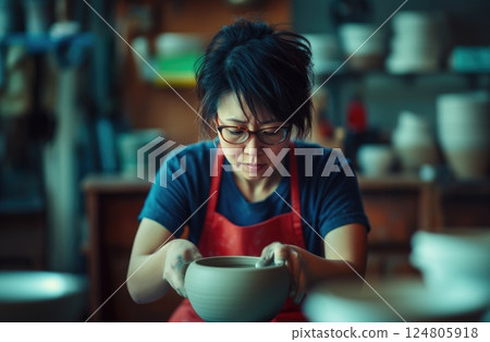 woman make ceramics by hand in a studio. woman make ceramics by hand in a studio. 124805918