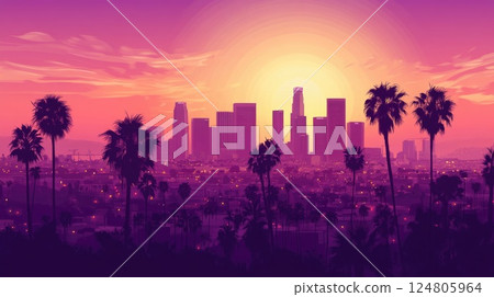 The Los Angeles skyline with the purple sky The Los Angeles skyline with the purple sky 124805964