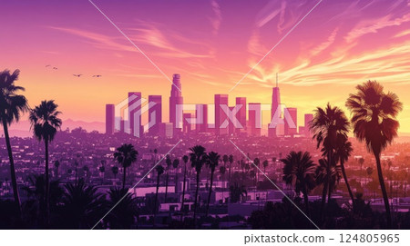 The Los Angeles skyline with the purple sky The Los Angeles skyline with the purple sky 124805965