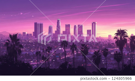 The Los Angeles skyline with the purple sky 124805966