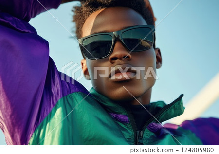 Young Black boy wearing oversized purple and green windbreaker jacket. 124805980