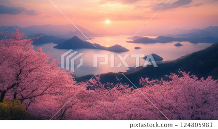 The view of the cherry blossoms in full bloom. 124805981