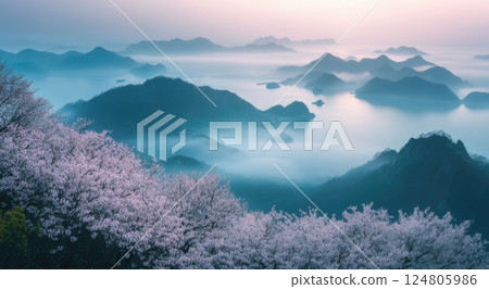 The view of the cherry blossoms in full bloom. 124805986