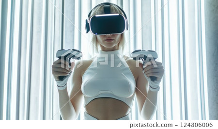 Cinematic shot of a blonde woman wearing a white turtleneck and a futuristic VR headset. 124806006