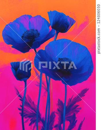 Blue poppies close up with an orange and pink background. Blue poppies close up with an orange and pink background. 124806030
