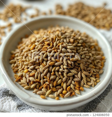 Aromatic caraway seeds in rustic ceramic bowl for culinary inspiration and kitchen decor Aromatic caraway seeds in rustic ceramic bowl for culinary inspiration and kitchen decor 124806050
