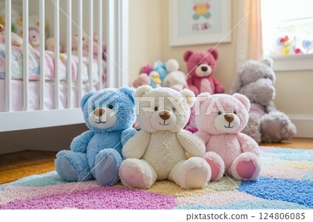 Cozy nursery decor with colorful teddy bears for children's room comfort and playful atmosphere 124806085