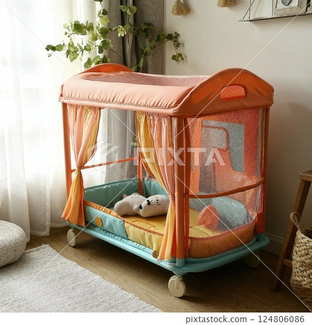 Cozy nursery decor with multi-functional baby crib canopy design 124806086